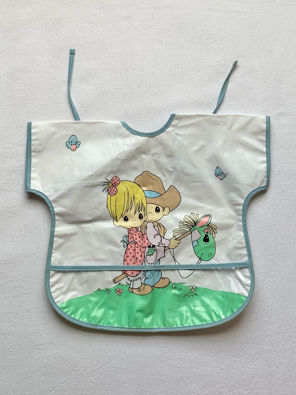 2002 Precious Moments Y2K Waterproof Vinyl Coverall Bib w/ Crumb Catcher Pocket